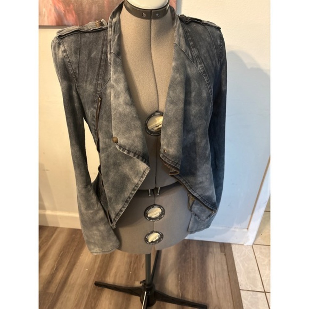 Unbranded Acid Wash Moto Jacket Womens Size S Gray Draped Open Front Excellent
